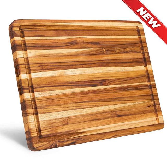 Large Reversible Teak Wood Cutting Board [18x14x1.25 Inch] | Carving Board with Juice Groove | Edge Grain Chopping Block with Hand Grips - Premium Edition