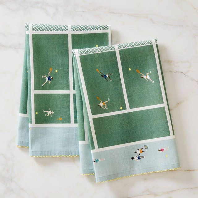 Embroidered Tennis Tea Towel, Elm Green, Set of 2
