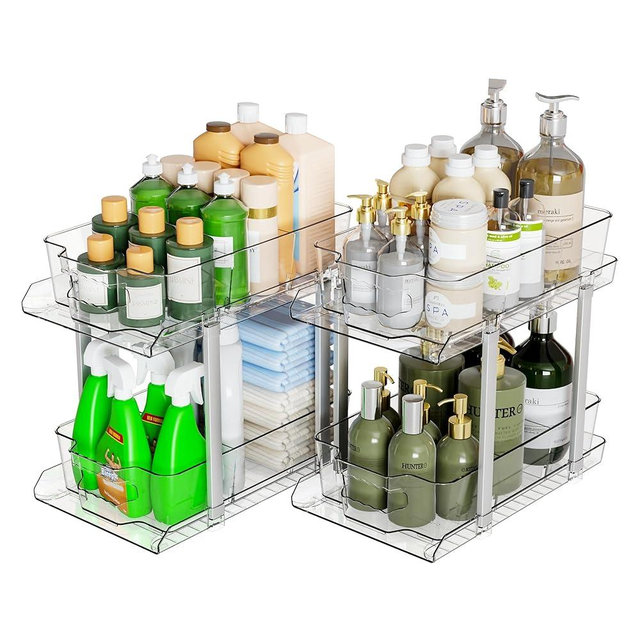 2 Pack 2 Tier Under Sink Organizers and Storage,14.8" Deep Large Slide Out Medicine Cabinet Organizer and Vanity Counter Storage Container,Clear Pull-Out Bathroom Cabinet Organizer For Pantry,Kitchen