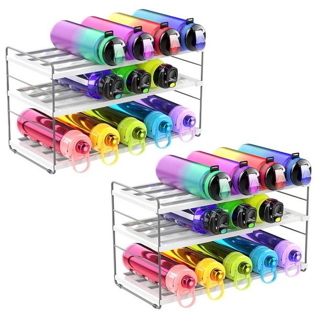 YAN & HIN 2 Packs Cabinet Organizer Extendable Kitchen Cabinet Organizer with Adjustable Height 3-Tier Water Stanley Bottle Holder 15 Bottles Pantry Pantry Organizers Cup Rack for Cabinet