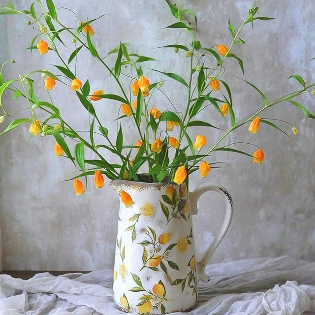 Vintage Lemon Ceramic Vase with Handle, Retro Ice Glazed Crack Farmhouse Pitcher Vase for Home Decor, Living Room, Shelf, Office, Rustic Table Centerpiece 9 Inch