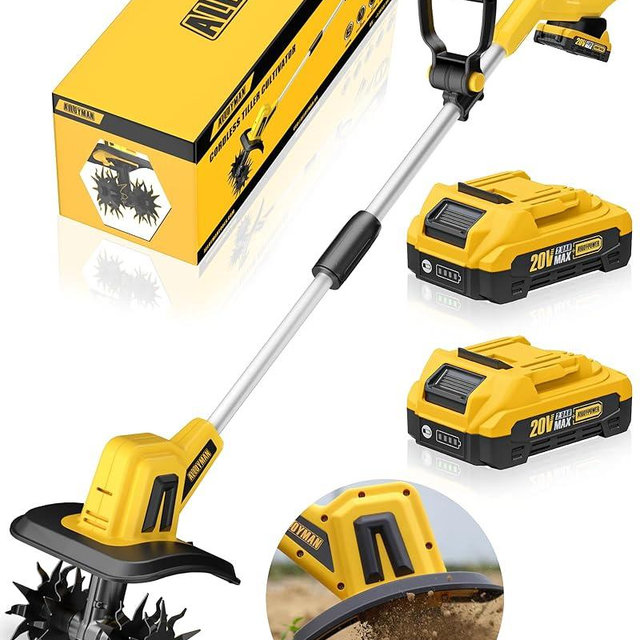 Alloyman 20V Cordless Tiller Cultivator, 360RPM Electric Garden Tiller, with 2 * 2.0Ah Batteries & Charger, 9In Tilling Width and 6.6In Depth Garden Rototiller for Lawn/Gardening/Soil Cultivation