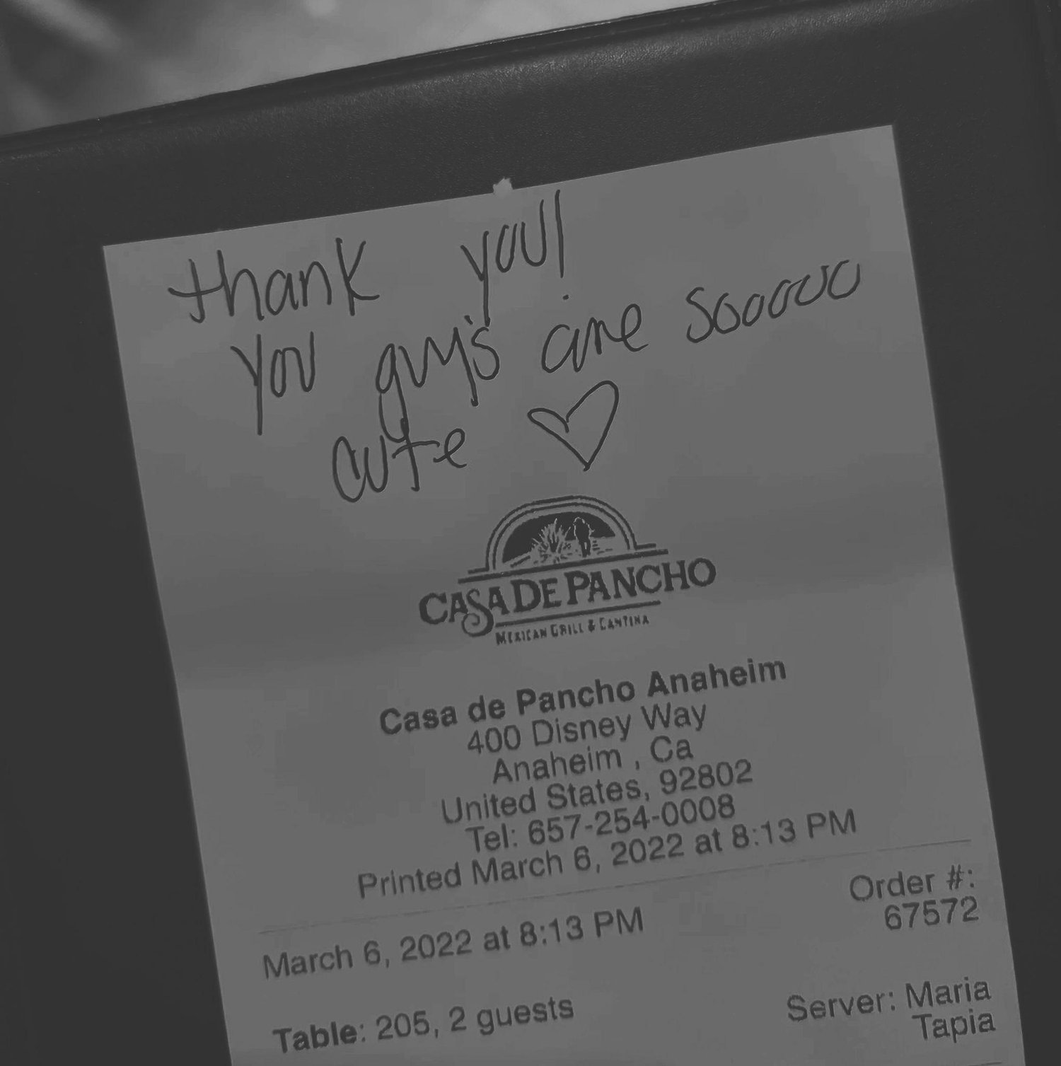 The receipt from our first date!