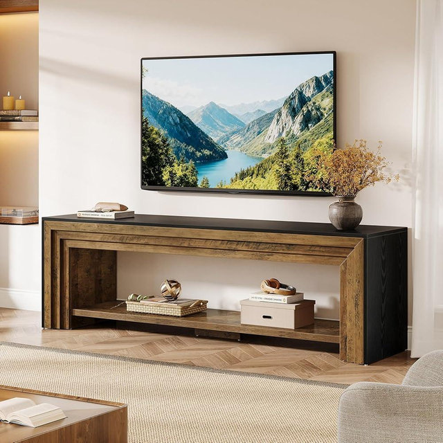 Tribesigns 70" TV Stand for 65/70/75-Inch TVs, Farmhouse Long Entertainment Center with Open Storage Shelves, Low Media Console, Wooden Television Stand for Living Room, Bedroom, Rustic Brown & Black