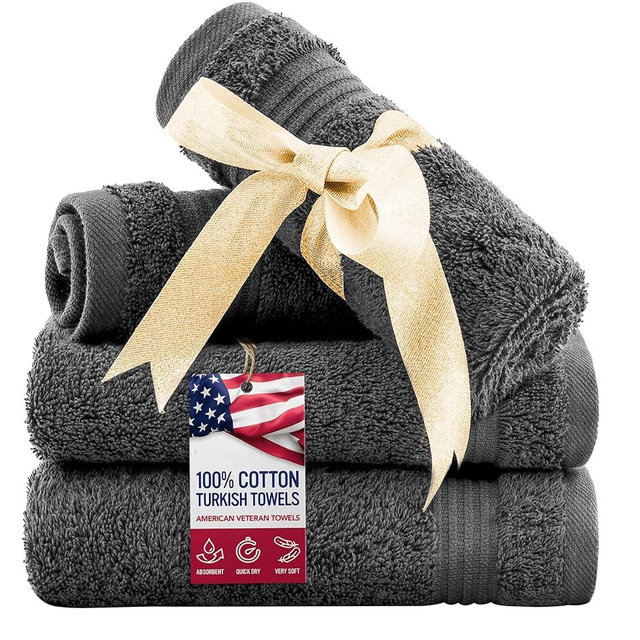 American Veteran Towel, 100% Cotton Turkish Washcloths for Bathroom Essentials 4 Pack, Soft Absorbent Wash Cloths Quick Drying Small Towels Washrags, Dark Gray