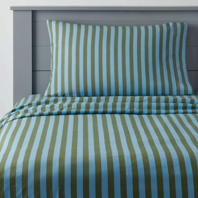 Queen Striped Kids' Cotton Sheet Set Blue/Green - Pillowfort™