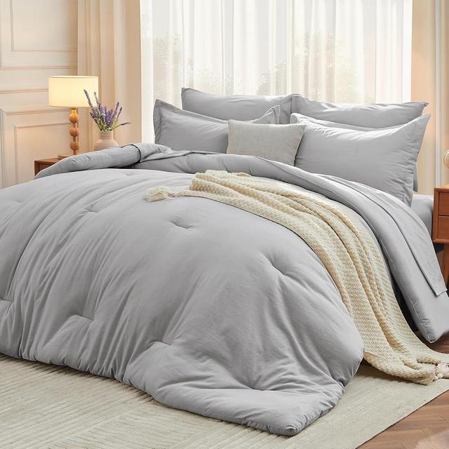 MUXHOMO 7 Pieces Queen Comforter Set, Soft Bed in a Bag Queen Size, All Season Bedding Set with Comforter, Flat Sheet, Fitted Sheet, Pillowcases & Shams, Light Grey