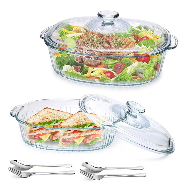 2 Pack Glass Casserole Baking Dishes with Lids for Oven,1.9 Qt and 3 Qt Ribbed Oval Glass Serving Dishes Bakeware Set for Lasagna,Casseroles,Leftovers,Cooking,Kitchen