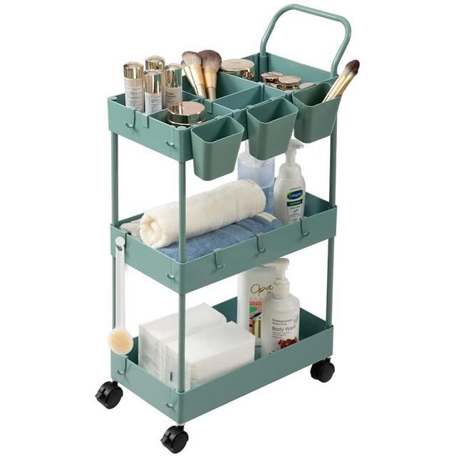 danpinera Storage Cart on Wheels, 3 Tier Bathroom Cart Organizer Slim Laundry Cart Narrow Shelf Cart with Wheels Dividers Hanging Cups Hooks Handle Easy Assembly, Green