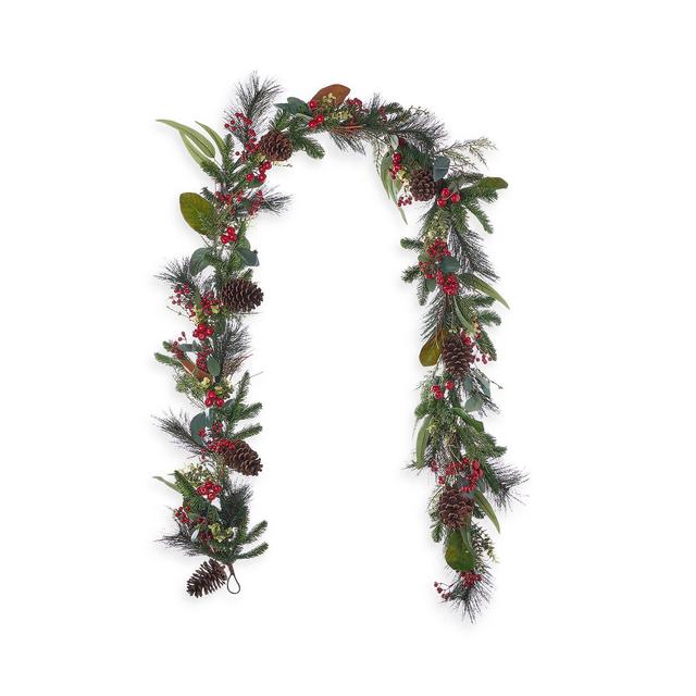 Seasonal LLC Magnolia Leaf, Eucalyptus & Berry 9' Garland with Fairy Lights