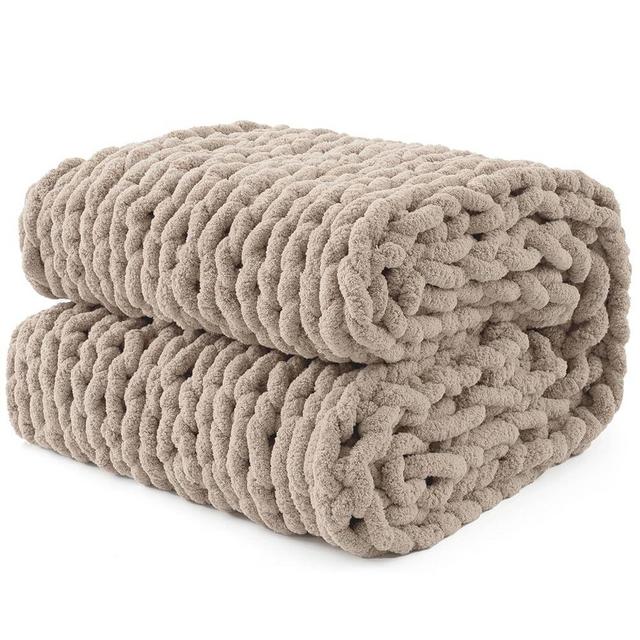 LONG CREATE Chunky Knit Throw Blanket 50"X 60", 100% Handmade with Soft Chenille Yarn, 4.4lbs Thick Cable Knitted Blankets, Large Rope Knot Crochet Throws for Couch Sofa Bed Home Decor, Taupe