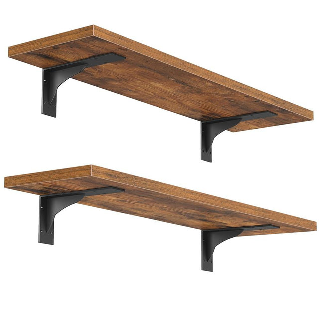 HOOBRO Floating Shelves for Wall, 15.4" Wall Mounted Shelves Set of 2, Hanging Storage Shelf with Metal Brackets, Wooden Shelf for Living Room, Bedroom, Bathroom, Rustic Brown and Black BF42BJP201G1