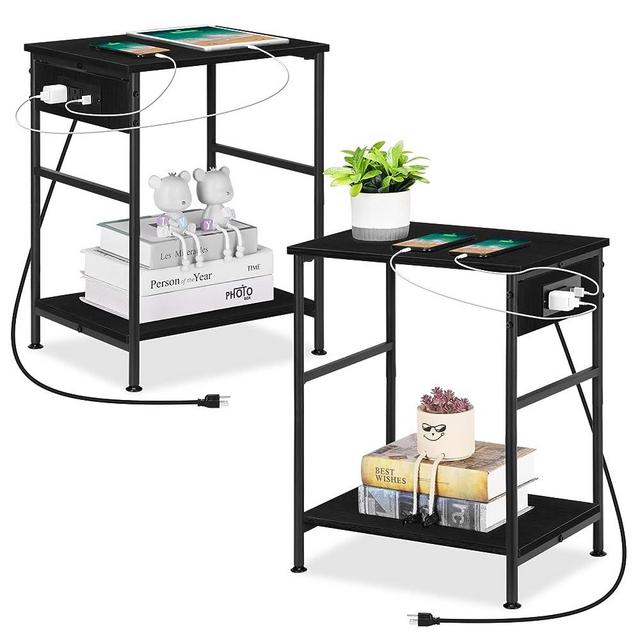 MOOACE Nightstands Set of 2, End Table with Charging Station, Side Tables Bedroom Set of 2 with USB Ports and Power Outlets, Small Bedside Tables for Bedroom, Living Room, Black
