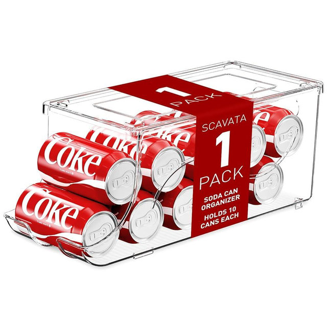 SCAVATA Stackable Refrigerator Organizer, Soda Can Dispenser Pop Cans Container Beverage Holder with Lid for Fridge, Freezer, Kitchen, Clear Plastic Storage Bins-Holds 10 Cans Each (One)