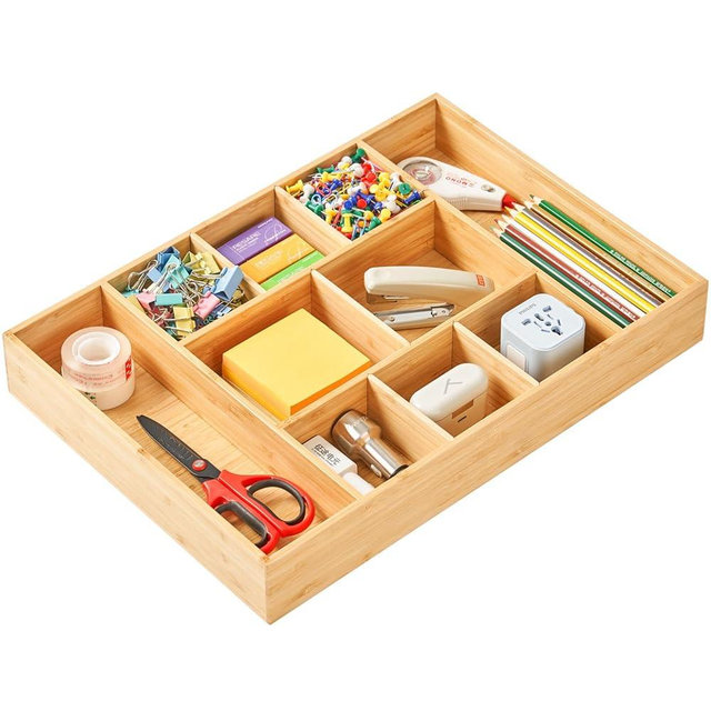 Umilife Extra Large Bamboo Desk Drawer Organizer, Wood Junk Organizer Tray with Adjustable Dividers, Anti-Skip Storage Organization in Office Bathroom Drawer for Vanity, Makeup, 17" x 12"