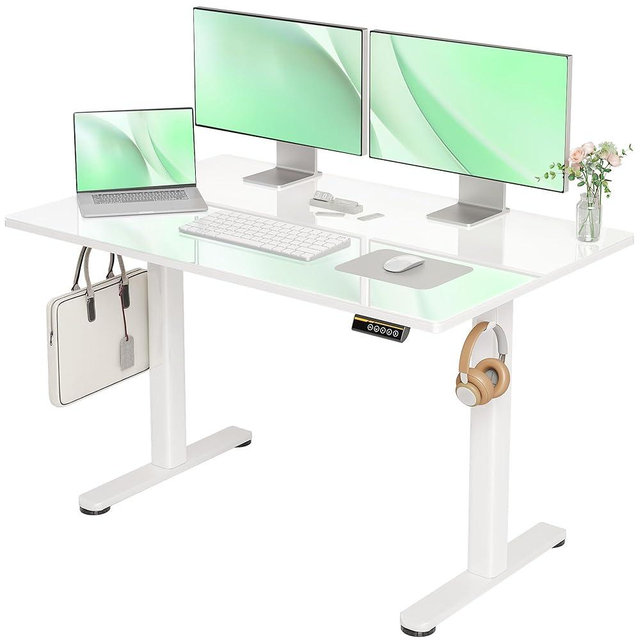 Claiks Glass Standing Desk, Electric Standing Desk Adjustable Height, 48 Inch Adjustable Stand Up Desk, Quick Install Home Office Computer Desk, Super White