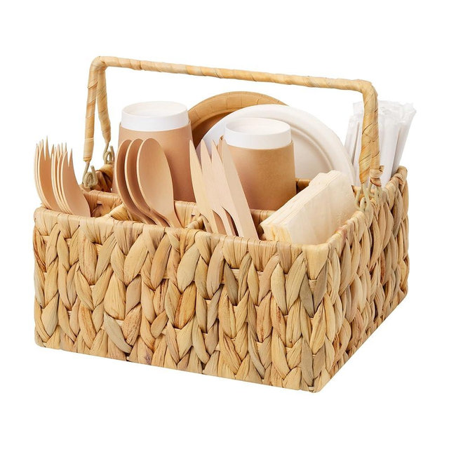 StorageWorks Wicker Silverware Organizer with Handle, Water Hyacinth Kitchen Utensil Holder, Large Utensil Holder for Kitchen Counter, Spoon Forks Cutlery Caddy, Paper Plate Dispenser for Countertop