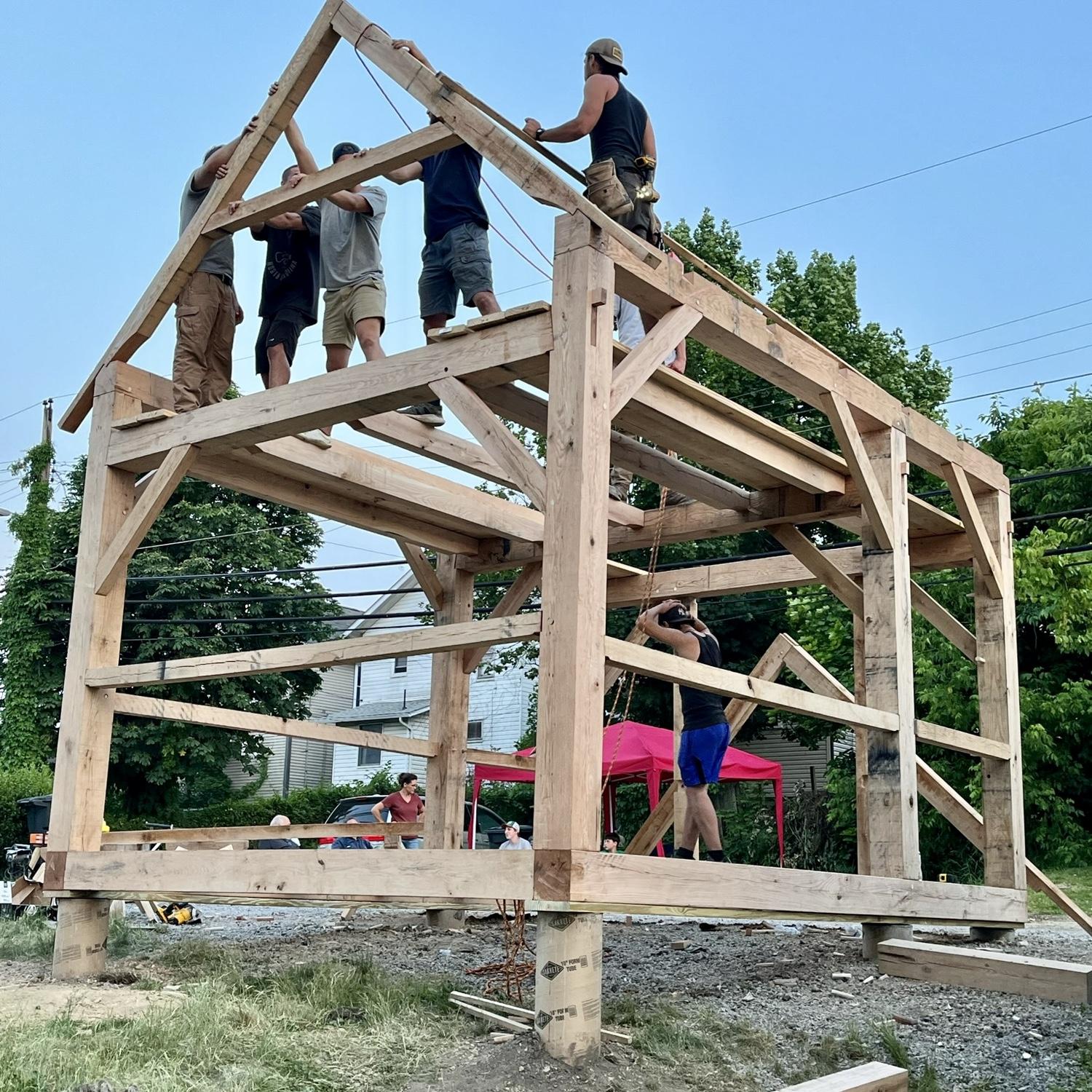 Building the timber frame in Nick's back yard.
