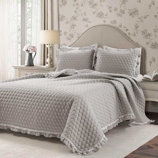 Lush Decor Ella Ruffle Lace Quilt, 3 Piece Set, King, Light Gray - Cute Quilt - King Bedding Set - Gray Bedding - Coquette Decor - Ruffle Trim - Lace Trim