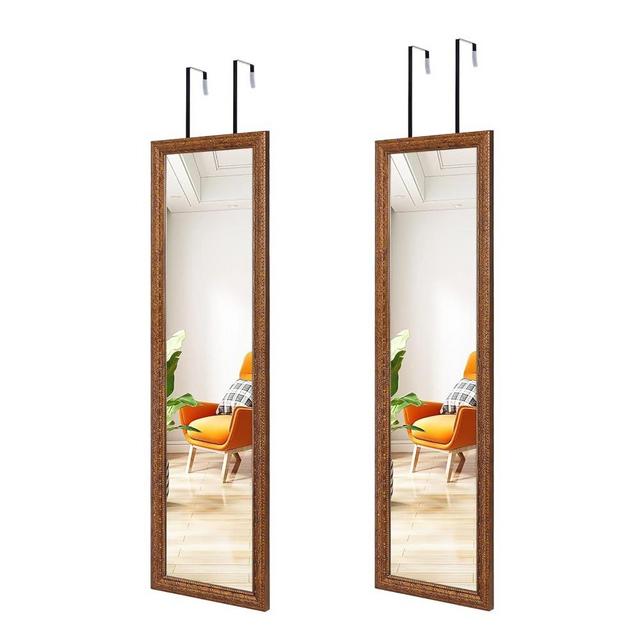 HORLIMER 2 Pack 12x42 inch Full Length Mirror with Carved Wood Grain Pattern for Wall Mounted and Over The Door Hanging, Large Vintage Door Mirrors for Bedroom, Living Room, Bathroom, Bronze