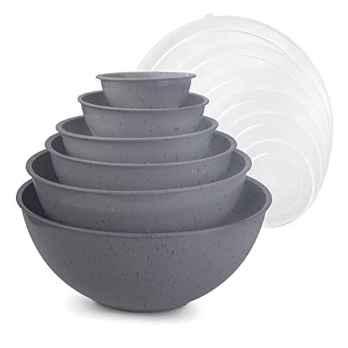 Cook with Color Mixing Bowls with Lids - 12 Piece Plastic Nesting Bowls Set includes 6 Prep Bowls and 6 Lids, Microwave Safe Mixing Bowl Set (Speckled Charcoal)