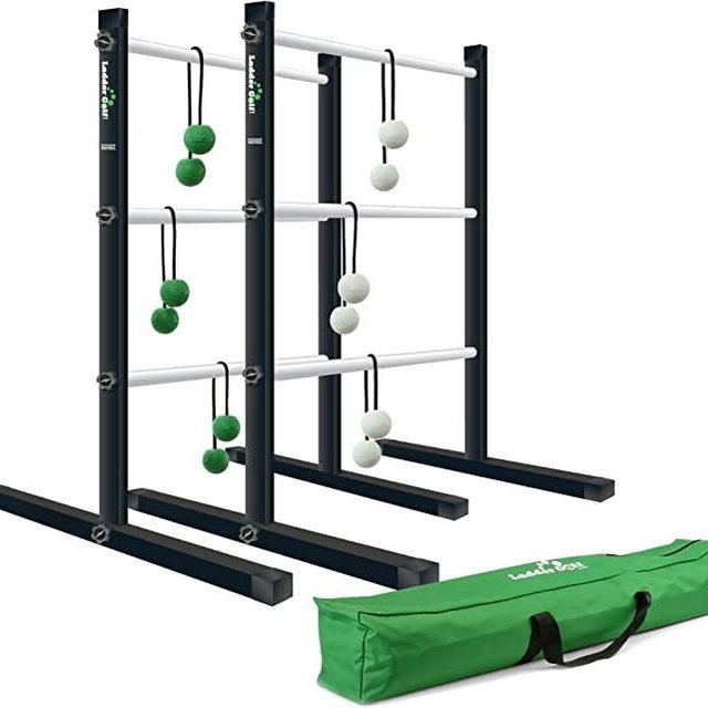 Vivere Ladder Golf Extreme Metal Tournament Edition Ladder Ball Tossing Game with 2 Metal Ladders and 2 Sets of Soft Bolas - Official Equipment,Black