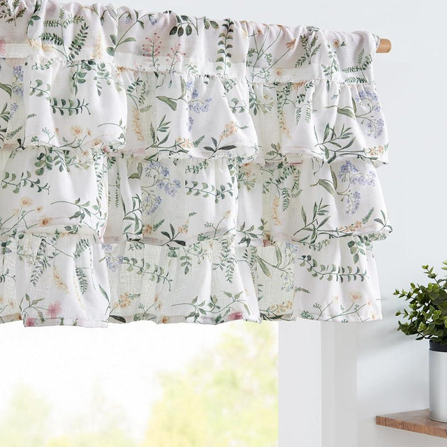 jinchan Ruffled Floral Valance Linen Shabby Chic Small Window Curtain 18 Inch Farmhouse Kitchen Valance for Bedroom Living Room Decor Cottagecore Rustic Window Treatments 1 Panel Green