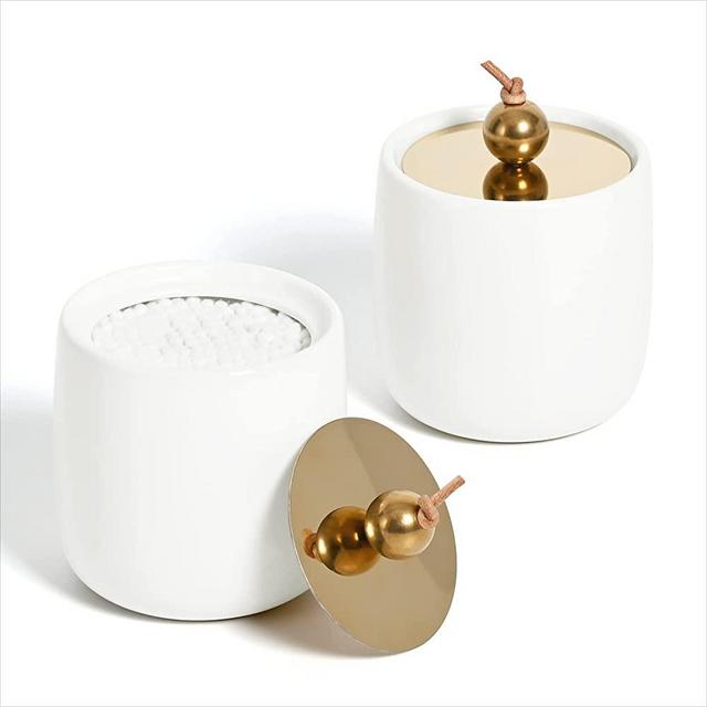 2 Pack Ceramic Qtip Holder Dispenser with Gold Lids, White Apothecary Jars Bathroom Vanity Organizer - Bathroom Canister for Cotton Swabs, Rounds, Balls, Makeup Sponges, Bath Salts