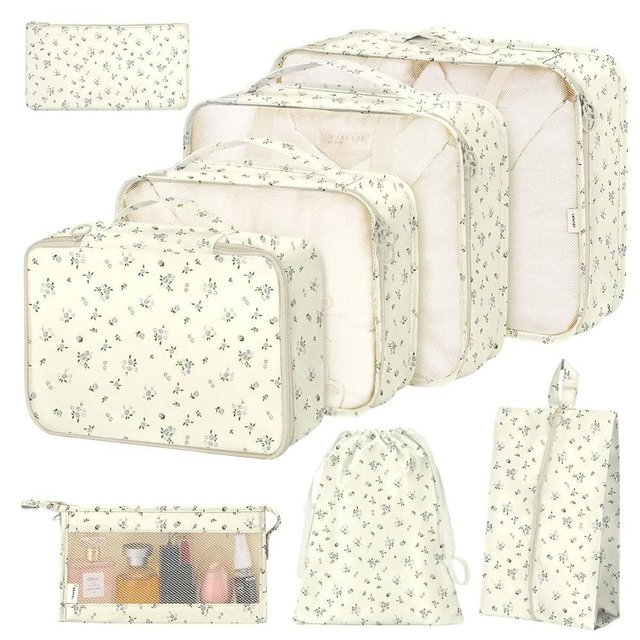 8 Set Packing Cubes for Suitcases, Packing Cube with Shoe, Cosmetics, Clothing, and Accessories Bags for Travel Luggage Organizer Women Men(Grey Flowers)