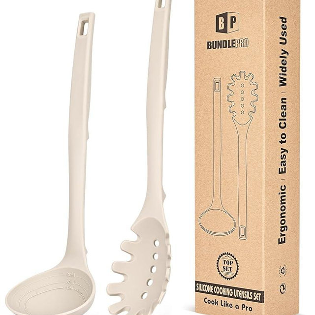 Silicone Pasta Fork and Soup Ladle Set, Heat Resistant Non Stick Kitchen Utensils with Back Hooks, Suitable for Cooking, Stirring, Serving Spaghetti, Soup, Sauce(KHAKI)