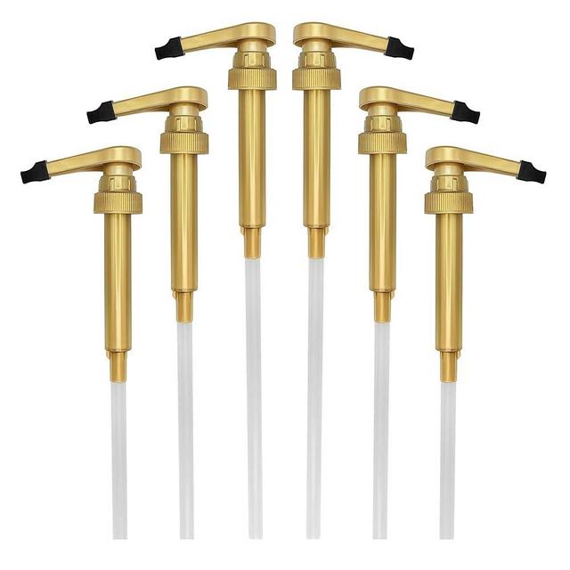 HANDIT - Gold Coffee Syrup Pumps with Tip Covers | Fits 25.4oz/750ml Liter Torani, Skinny, Davinci | Fits Monin Plastic 33.8oz Bottles | Does Not Fit Monin Glass 750ml | 6 w/Covers