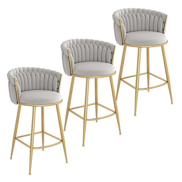 GOOLON Counter Height Stools Set of 3, Velvet Bar Stools with 27 Inches Upholstered Seat Height, Handmade Woven Back Armrest, Sturdy Golden Metal Legs for Home Dining Pub Kitchen Island, Grey