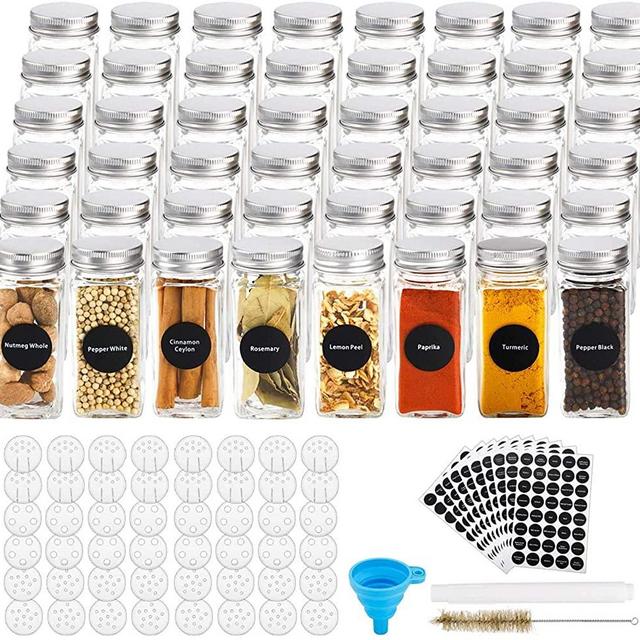 48 Pcs Glass Spice Jars with 400 Spice Labels, 4oz Square Spice Bottles with Shaker Lids and Airtight Metal Caps, Chalk Marker and Funnel Included