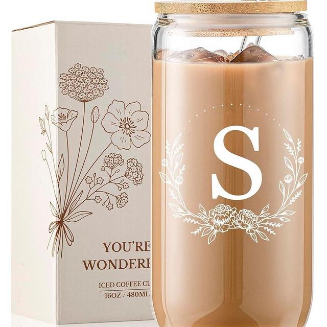 Personalized Gifts for Women, Monogrammed 16oz Glass Cups with Bamboo Lids and Straws, Customized Glass Tumbler, Cute Custom Mug, Customizable Initial Iced Coffee Glasses, Birthday Bridesmaid Mom, S