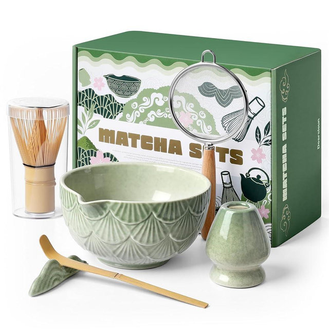 Doorsisun Matcha Whisk Set,Ceramic Matcha Kit Set Includes Matcha Bowl, Bamboo Whisk and Holder, Bamboo Scoop, Scoop Rest and Sifter - 6 Pcs for Tea Ceremony,Gifts for Family/Friend(Mottled Green)