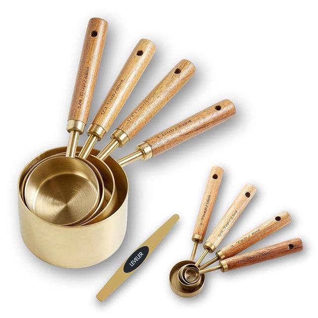 NAZANIN 9-Piece Premium Gold Stainless Steel and Natural Acacia Wood Measuring Set, Kitchen Measuring Cups and Spoons Set with Leveler, Kitchen Measuring Set of Cups and Spoons for Cooking and Baking
