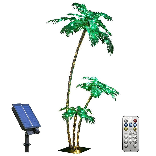LIGHTSHARE Lighted 7FT Gorgeous Palm Tree 3Trunks Artificial Palm Tree 218LED Lights for Office Decoration Outdoor and Indoors Tiki Bar Christmas Patio Pool-Solar