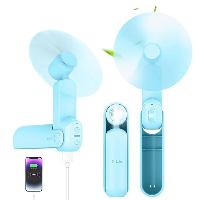 Ohjoin 4 IN 1 Portable Mini Handheld Fan,Personal Foldable Pocket Travel Fan,Small Hand Fan for Face Lash,USB Rechargeable,Summer Concerts, Birthday Gifts for Women Mom (Light Blue)