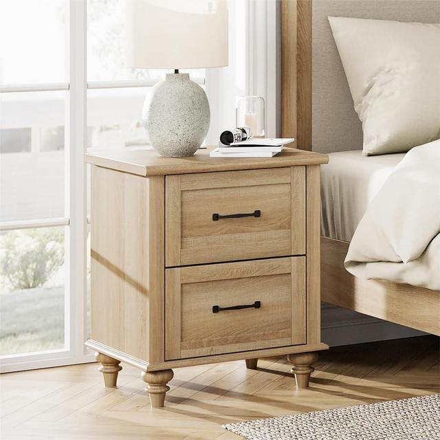 WAMPAT Nightstand Side Table with Charging Station, Light Wood End Table with 2 Drawers for Living Room, Farmhouse Night Stand Bedside Table for Bedroom, Oak