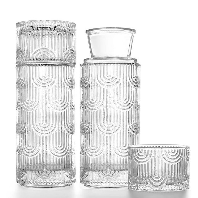 DmmyAlzx Bedside Water Carafe and Glass Set, Mouthwash Dispenser for Bathroom, 21.6 Oz Glass Water Bottles with 6 Oz Drinking Cup as Lid, Pitcher for Nightstand, Kitchen (Clear 2 Pack)
