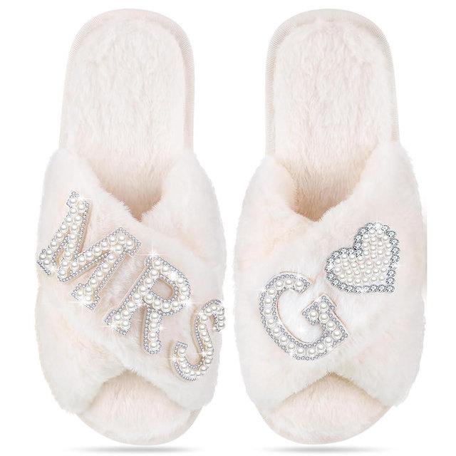 Tarpop Bride Slippers Mrs Slipper for Wedding with Personalized Initial Pearl Design Bridal Gifts