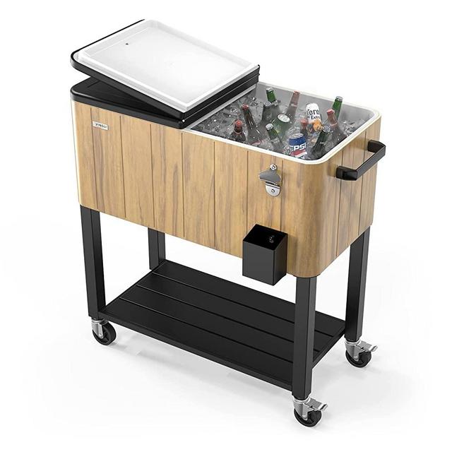 VINGLI 80 Quart Rolling Ice Chest on Wheels, Portable Patio Party Bar Drink Cooler Cart, with Shelf, Beverage Pool with Bottle Opener,Water Pipe