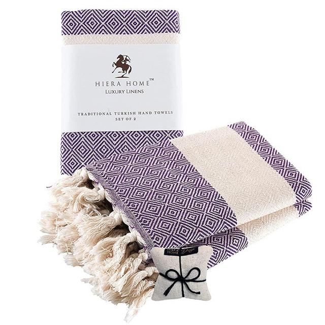Hiera Home Kitchen Hand Towels Set of 2 | 100% Cotton Decorative Turkish Hand Towels for Bathroom, Gym, Yoga, SPA | Quick Dry Farmhouse Towels for Hands, Hair and Face (19x39 inches, Purple)
