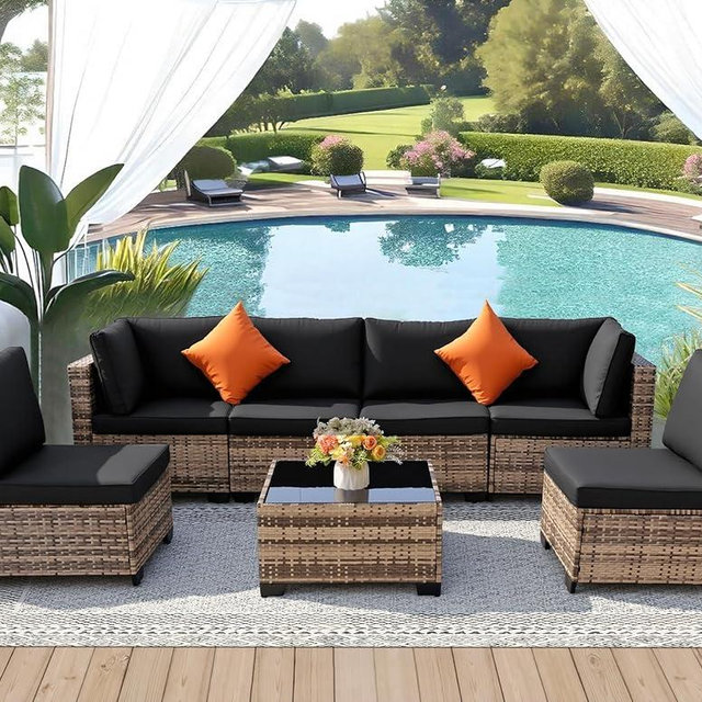 FHFO 7 Piece Outdoor Wicker Patio Furniture Set, Rattan Sectional Sofa Couch, Patio Conversation Set with Cushion & Coffee Table, for Backyard Poolside Porch Garden, Yellow-Black