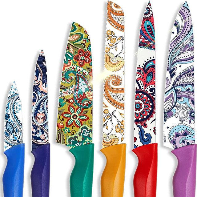 Astercook Knife Set, Paisley Pattern Kitchen Knife Set with Cover, Dishwasher Safe Colorful Knives with 6 Knife Sheath, German Stainless Steel Rainbow Knife Set