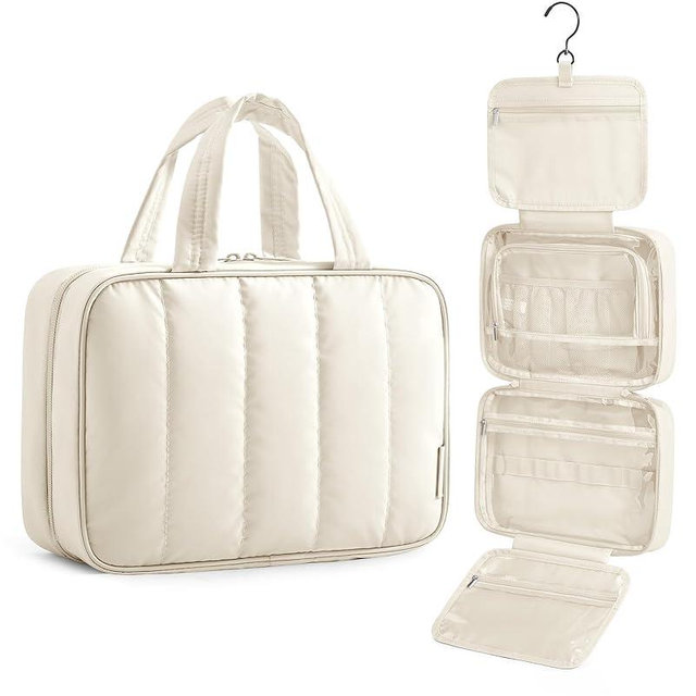 BAGSMART Travel Toiletry Bag for women, Portable Hanging Hook Makeup Bag Organizer, Waterproof Makeup Cosmetic Bag, for Full-Size Accessories, Toiletries, Beige