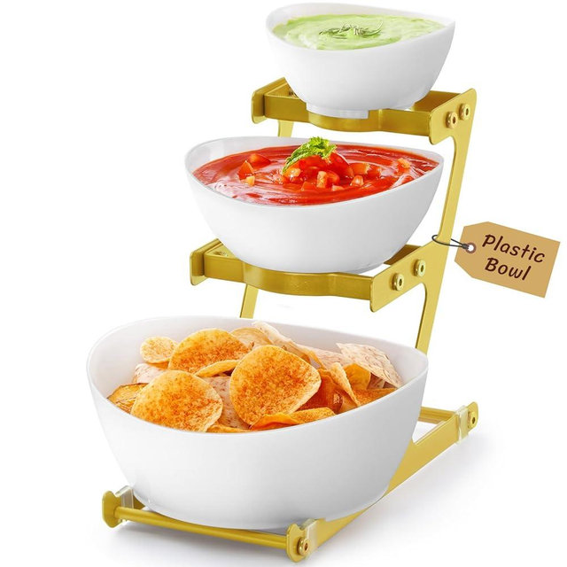 Lifewit 3 Tier Plastic Serving Bowls with Metal Stand, Chips and Dip Serving Tray Set for Entertaining Party, Crack-Proof Serving Platters for Fruit/Salad/Snack/Dessert Appetizer/Candy, Gold
