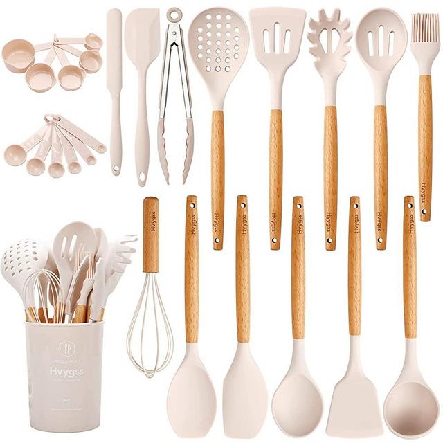 Hvygss Kitchen Cooking Utensils Set, 26 pcs Non-stick Silicone Cooking Kitchen Utensils Set with Holder, Wooden Handle Heat Resistance Silicone Spatula Spoon Kitchen Gadgets Utensils Set (Khaki)