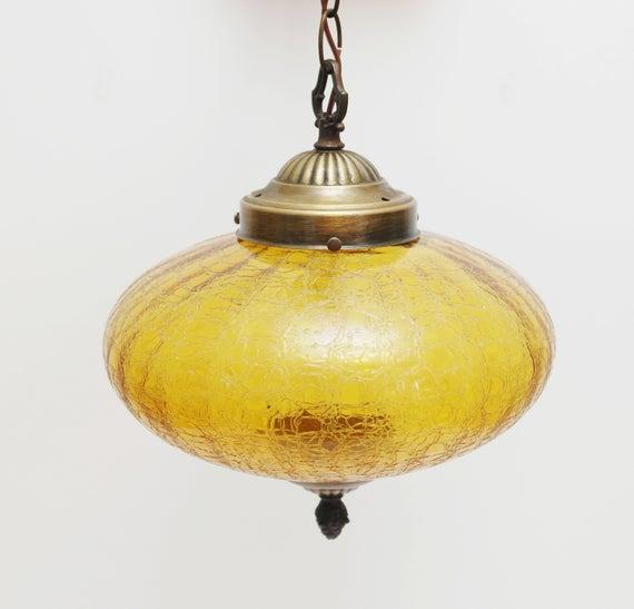 1-Vintage Crackled Amber Brass Glass Light Fixture,Crackling,1950s,1960s,1970s,1980s,Gold,Bronze,Metal,Swag,Kitchen,Living Room,Mid Century