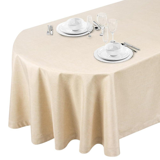 LLCUTESHOP Textured Oval Tablecloth Beige 61 x 84 Inch Wrinkle Free Table Cloth, Elegant Beige Linen Table Cover Solid Color, Hollow-Out Design, Premium Handmade, Natural Fabric for Dining Table